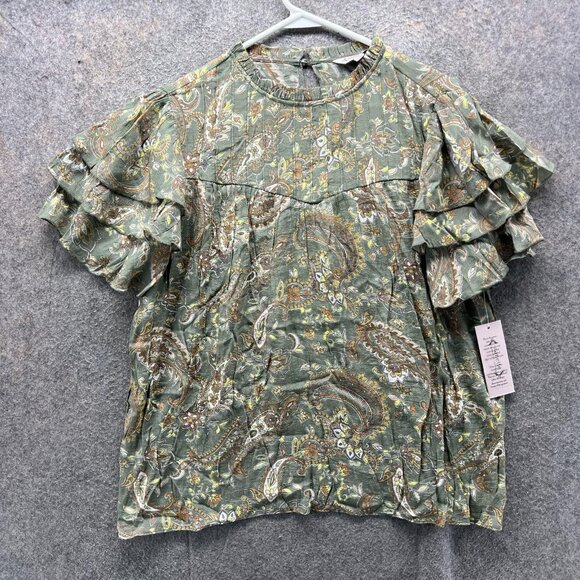 Nanette Lepore Blouse Womens Large Green Prairie Sage Ruffle Sleeve Paisley Top - Picture 1 of 12